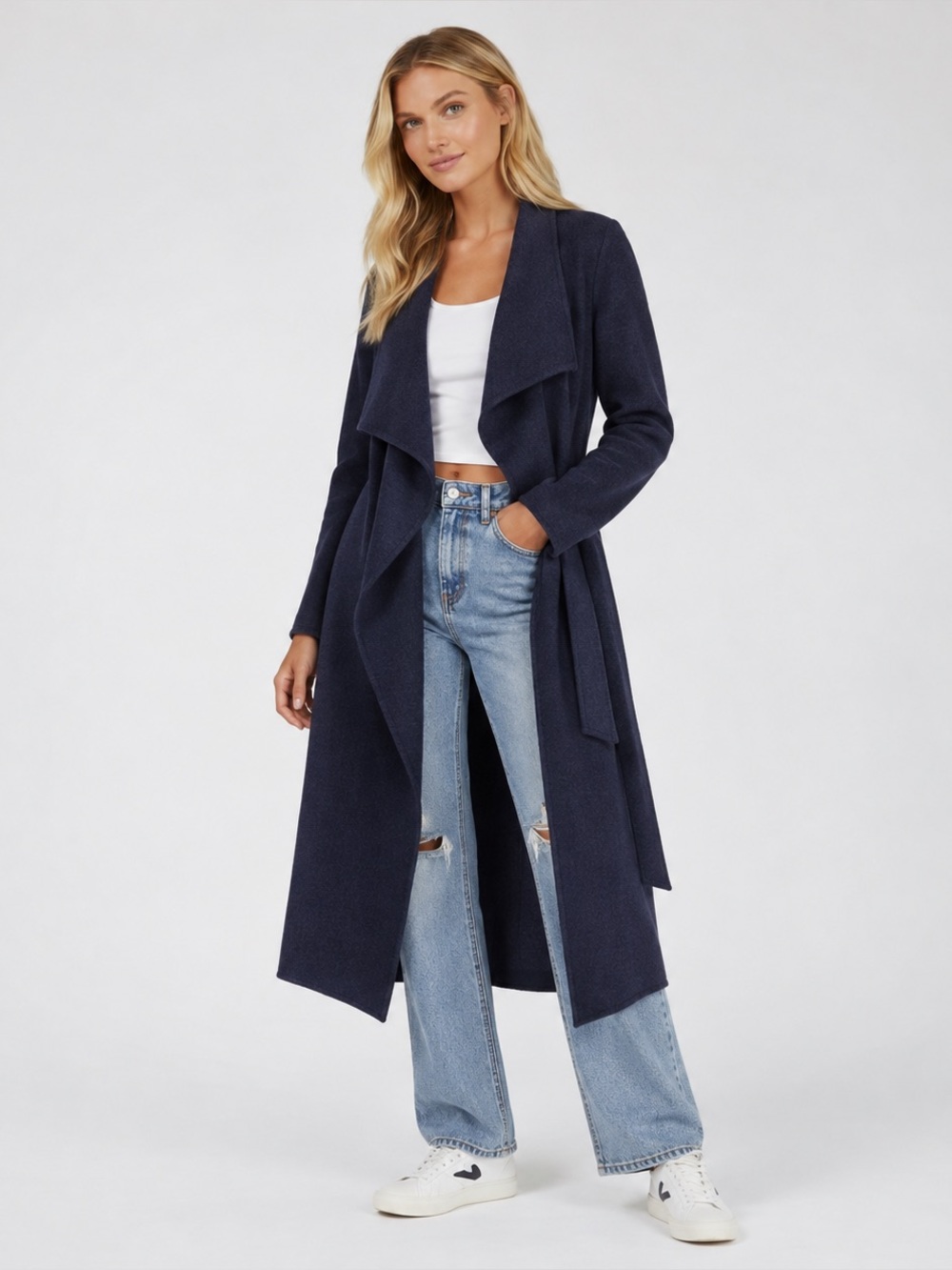 JustFab Navy Long Belted Waterfall Coat Cardigan Size M